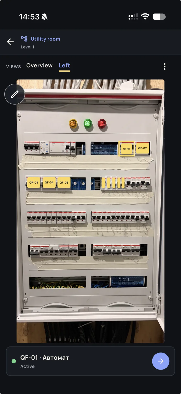 HouseOps visual equipment map on a real electrical-panel photo